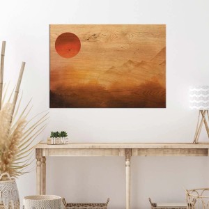 Quadro da parete Quadri con paesaggio montano e sole rosso, effetto legno.