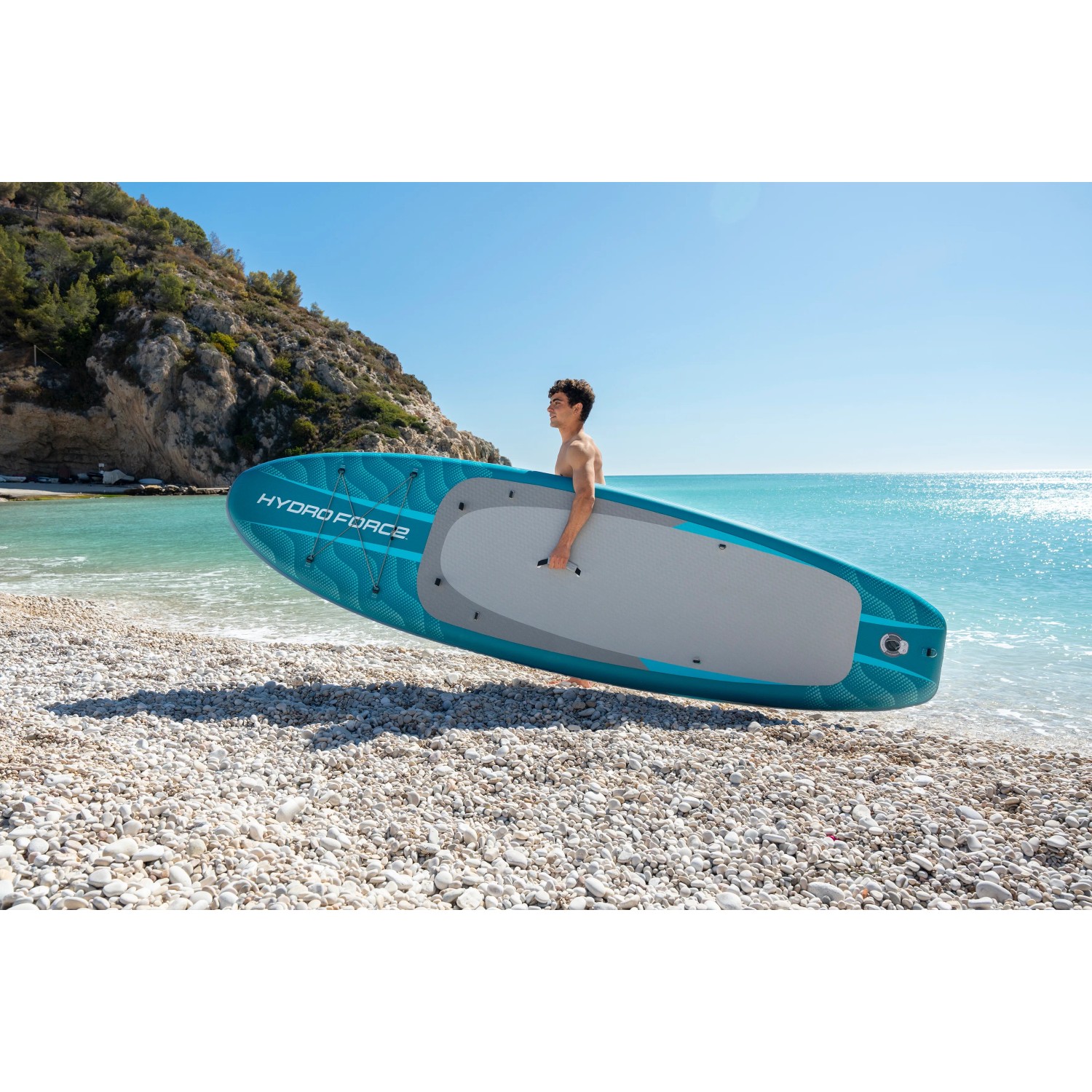 Bestway SUP Allround Board-Set Aqua Drifter, blu, con sedile e pagaia sulla spiaggia.