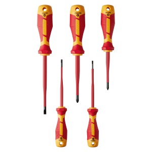 Set di cacciaviti Slim VDE LUX da 5 pezzi per lavori elettrici con testa piatta e a croce.