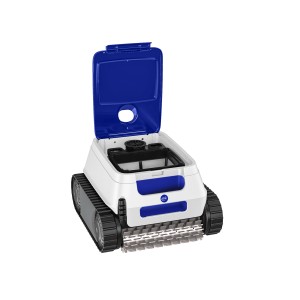 Robot piscina a batteria Gre ER230, bianco, con vano batteria aperto e spazzola di pulizia.