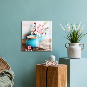 Quadri: Stampa artistica su vetro con tazza di caffè e fiori, arte murale moderna.