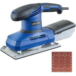Levigatrice orbitale LUX SWS-350 per levigare legno e metallo con scatola antipolvere e fogli abrasivi.