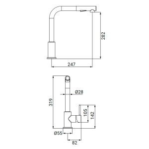 Disegno tecnico del miscelatore monocomando t.b.t. con dimensioni.