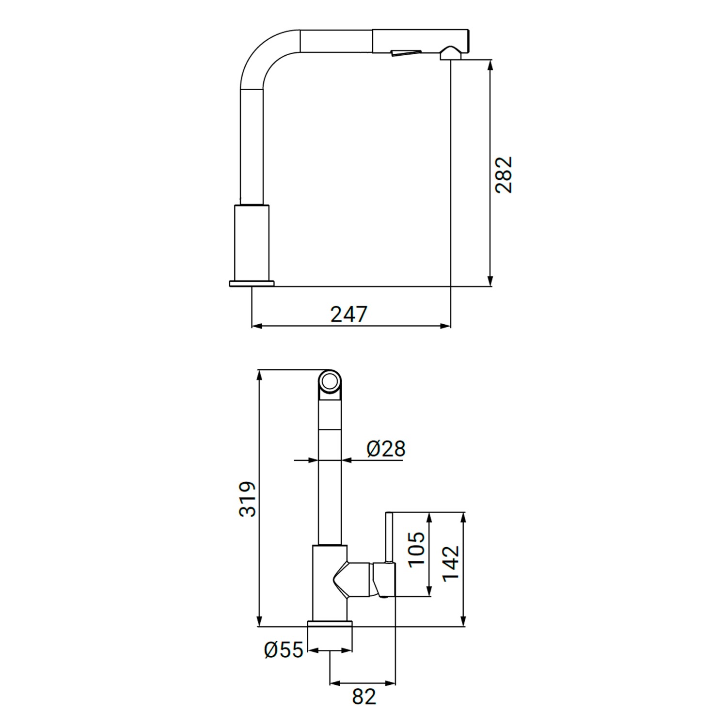 Disegno tecnico del miscelatore monocomando t.b.t. con dimensioni.