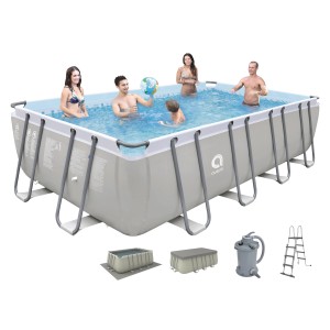 Piscina rettangolare t.b.t. con telaio in acciaio, pompa filtro, scaletta e copertura.
