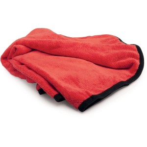 Asciugamano per cani rosso con bordo nero, morbido e assorbente.
