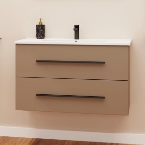 Mobile bagno moderno con lavabo, rubinetto e due cassetti color tortora.