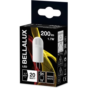 Lampadina LED Bellalux G4, 1.8W, bianco caldo, nella confezione del prodotto.