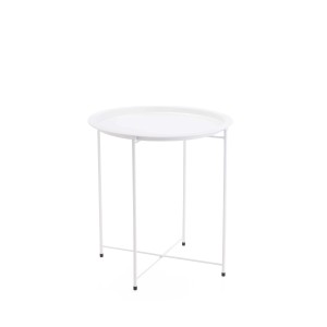 Tavolino da bistrò bianco con piano rotondo e struttura in metallo.