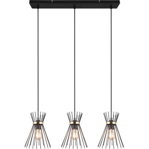 Moderna lampada a sospensione Rod a tre fiamme in nero e oro per interni.