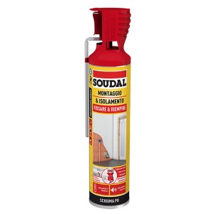 Bomboletta di schiuma poliuretanica Soudal per montaggio e isolamento, rosso/giallo.