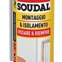 Bomboletta di schiuma poliuretanica Soudal per montaggio e isolamento, rosso/giallo.