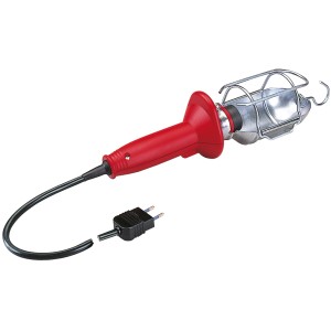 Lampada portatile rossa con gabbia di protezione e spina. Ideale come torcia.