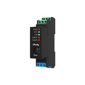 Modulo relè nero Shelly Pro 2PM con LAN, WLAN, Bluetooth e 2 canali.