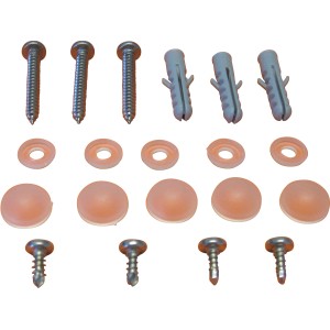 t.b.t. Set di fissaggio per accessori doccia: viti, tasselli, rondelle e coperture.
