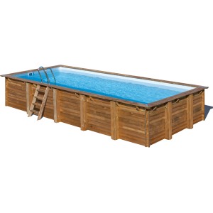 Piscina rettangolare Gre Braga in legno (815x421x146 cm) con scaletta. Rivestimento in legno marrone, liner piscina blu.