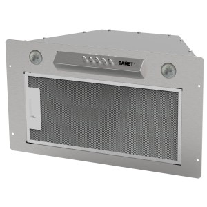 Cappa a parete t.b.t. in acciaio inox con filtro e pulsanti di controllo.