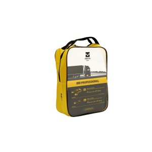 Borsa da trasporto gialla con cinghie di fissaggio e tenditori per il fissaggio del carico.