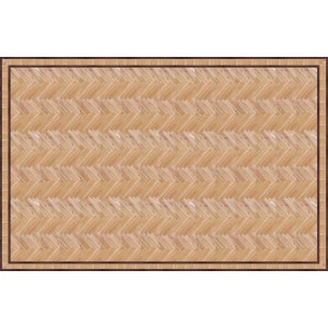 Tappeto moderno con motivo a spina di pesce e bordo marrone.