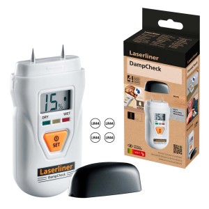Misuratore di umidità Laserliner DampCheck con display e batterie.
