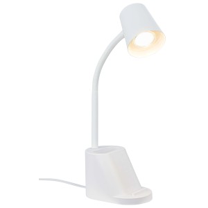 Lampada da scrivania bianca con braccio flessibile e funzione di ricarica integrata.
