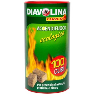 Accendifuoco Diavolina, 100 cubetti in contenitore verde. Combustibile per barbecue.