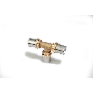 Raccordo a T per tubi multistrato, ottone e acciaio inox.