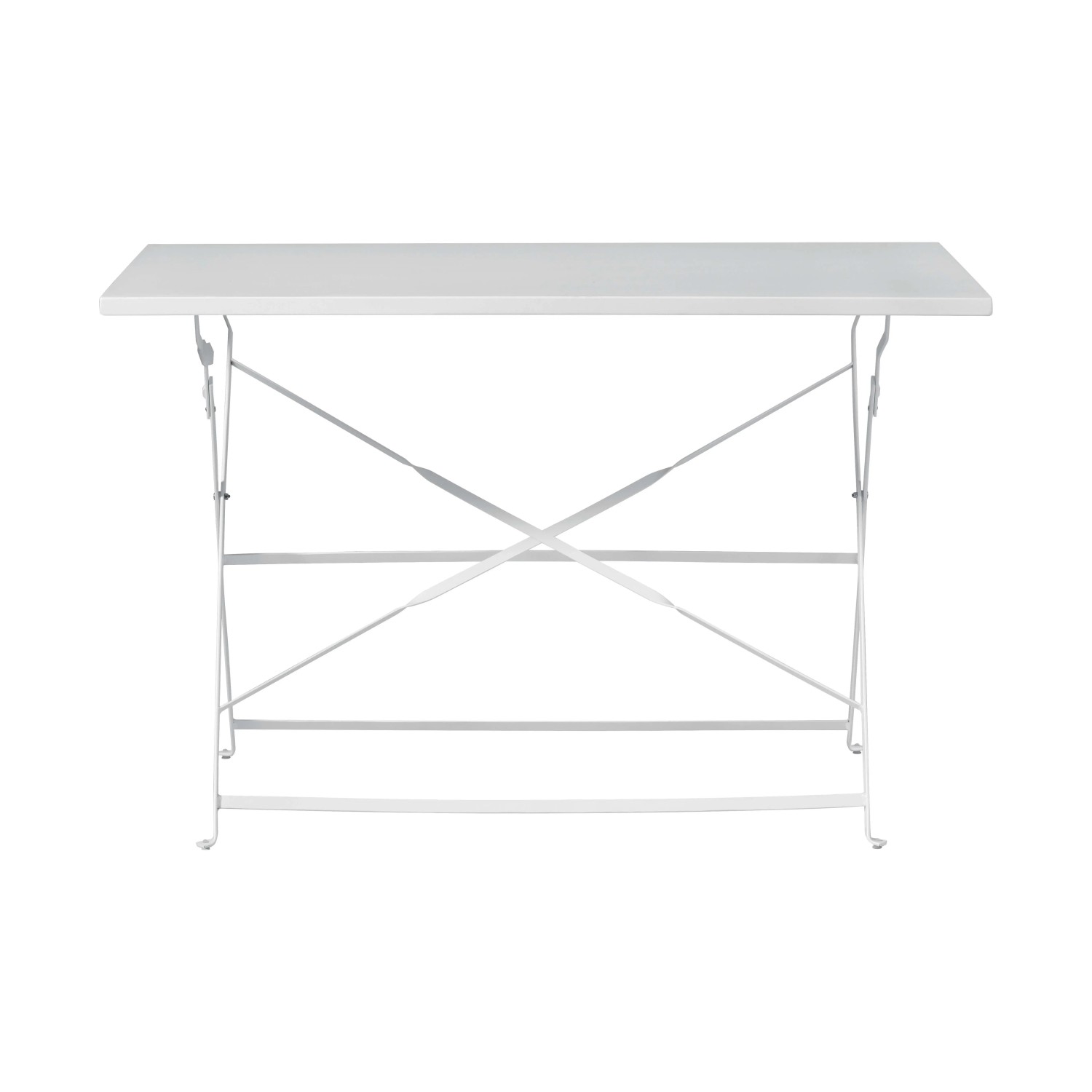 Tavolo da giardino t.b.t. rettangolare bianco con struttura in metallo pieghevole.