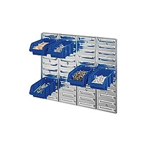 Pannello a fessura LUX per sistemi a parete forata con contenitori blu in argento.