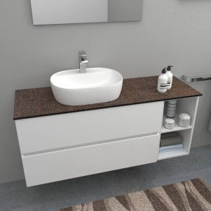 Bagno moderno con mobile lavabo bianco e lavabo da appoggio. Mensole lavabo.