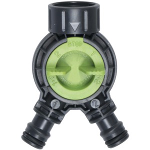 Raccordo a Y per irrigazione, grigio/verde, con valvole di intercettazione per due tubi.