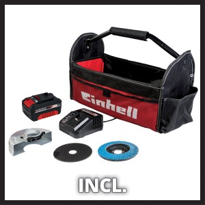 Smerigliatrice angolare a batteria TC-AG 18/115 Li Kit con borsa porta attrezzi, batteria, caricabatterie e accessori.