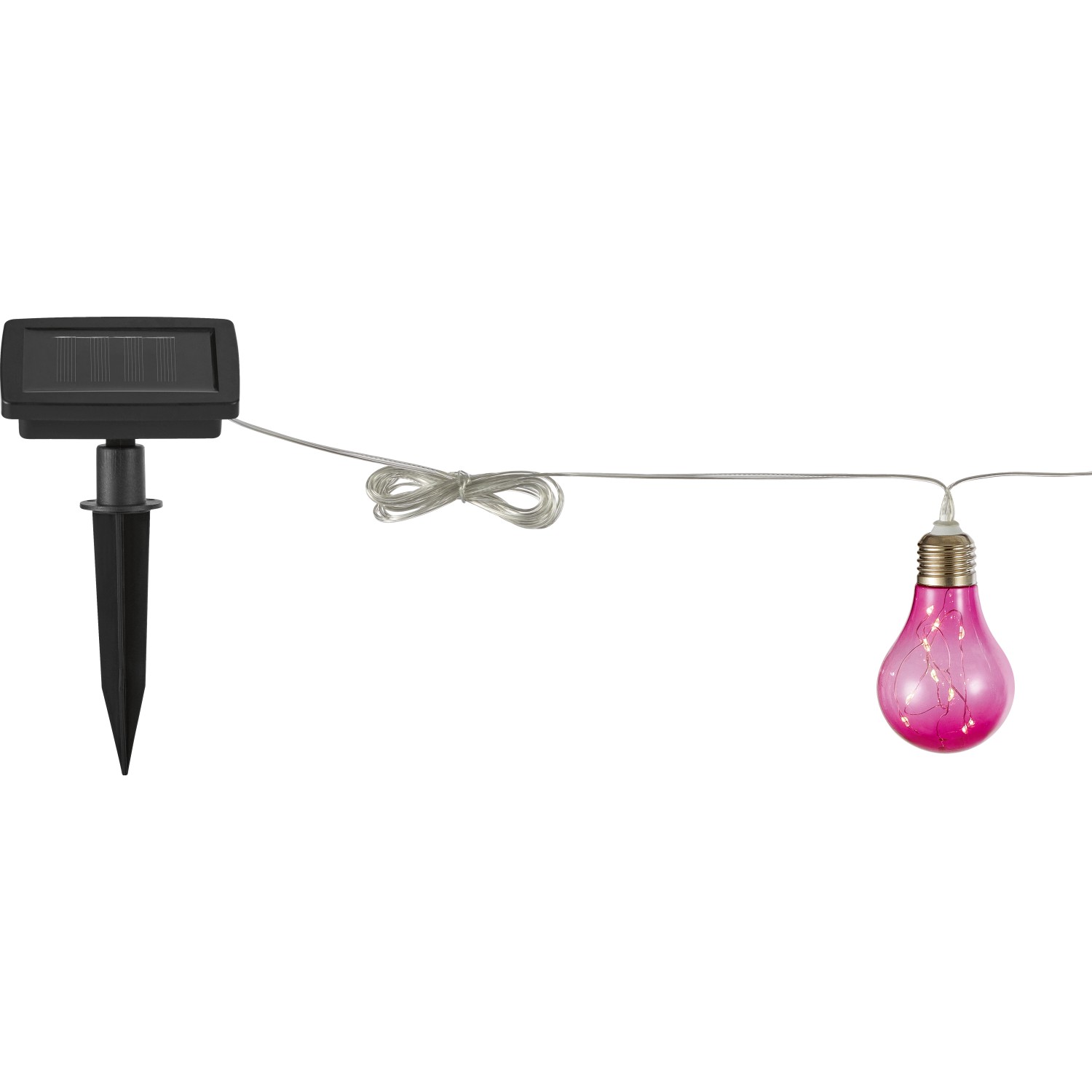 Catena luminosa solare colorata con lampadine e pannello solare per il giardino.