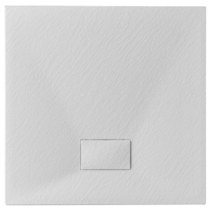 Piatto doccia quadrato bianco con superficie leggermente strutturata e scarico rettangolare.