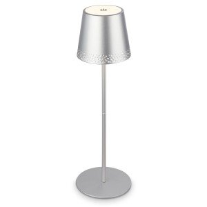 Lampada da tavolo LED t.b.t. argentata con base rotonda e paralume.