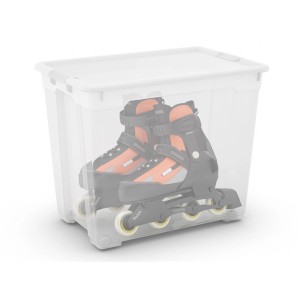 Contenitore t.b.t. trasparente con pattini in linea. Soluzione di stoccaggio.