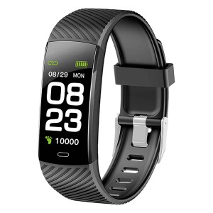 Fitness tracker t.b.t. nero con display che mostra data, ora e passi.