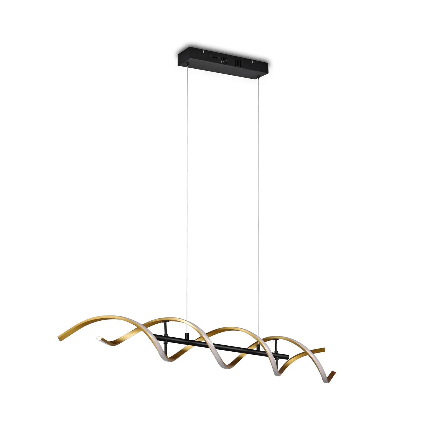 Moderna lampada a sospensione a LED Sequence color oro con design curvo per soggiorno e sala da pranzo.