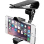 Supporto per telefono nero per interni auto, fissato allo specchietto retrovisore.