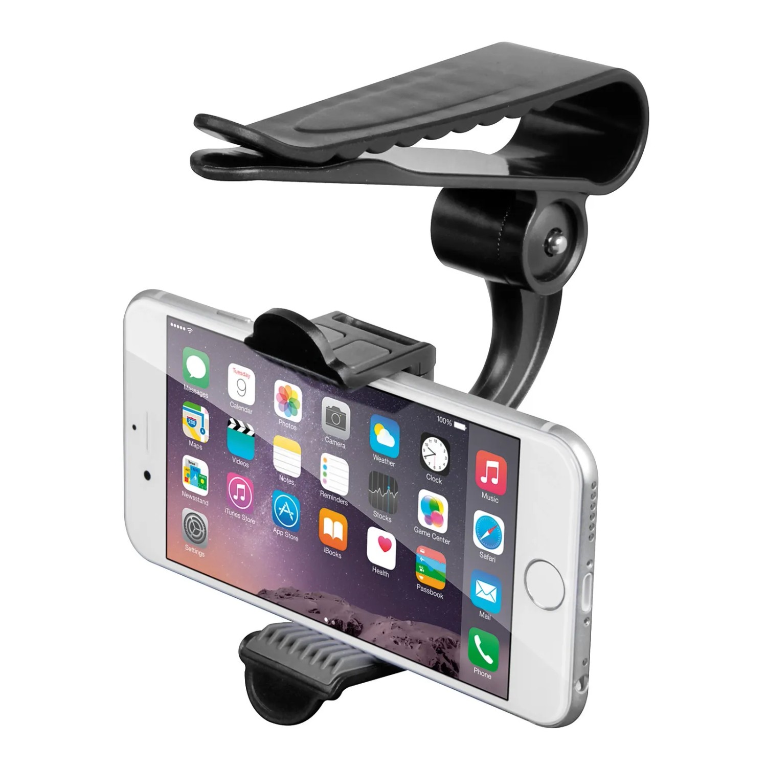 Supporto per telefono nero per interni auto, fissato allo specchietto retrovisore.