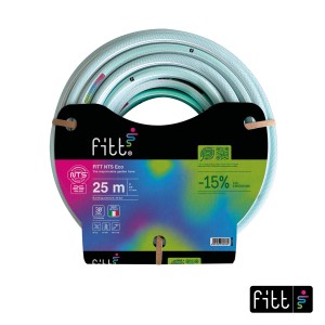 Tubo per irrigazione FITT NTS Eco azzurro chiaro arrotolato, 25m, con etichetta.