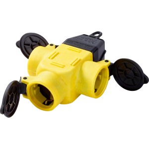 Ciabatta tripla giallo-nera per esterni, resistente agli spruzzi.