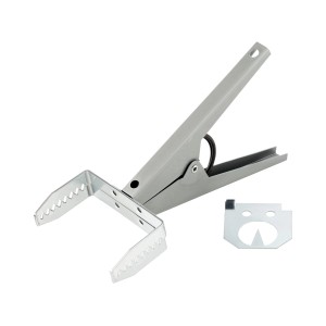 Trappola per talpe in metallo con bracci di presa dentati e meccanismo di scatto.