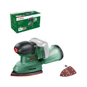 Levigatrice multifunzione a batteria Bosch EasySander 18V-8 Solo, verde/nera, con contenitore polvere e 3 fogli abrasivi. Senza batteria.