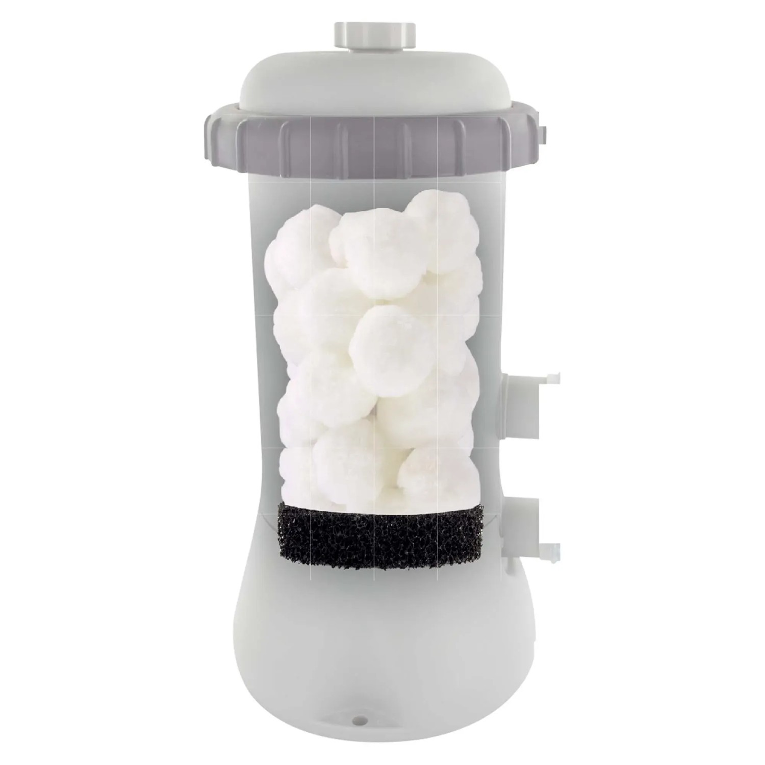 Cartuccia t.b.t. con sfere filtranti e spugna filtrante per sistemi di filtraggio piscina.