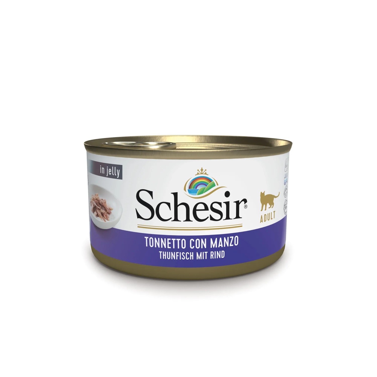 Schesir cibo per gatti tonno con manzo, alimento umido in lattina per gatti adulti.