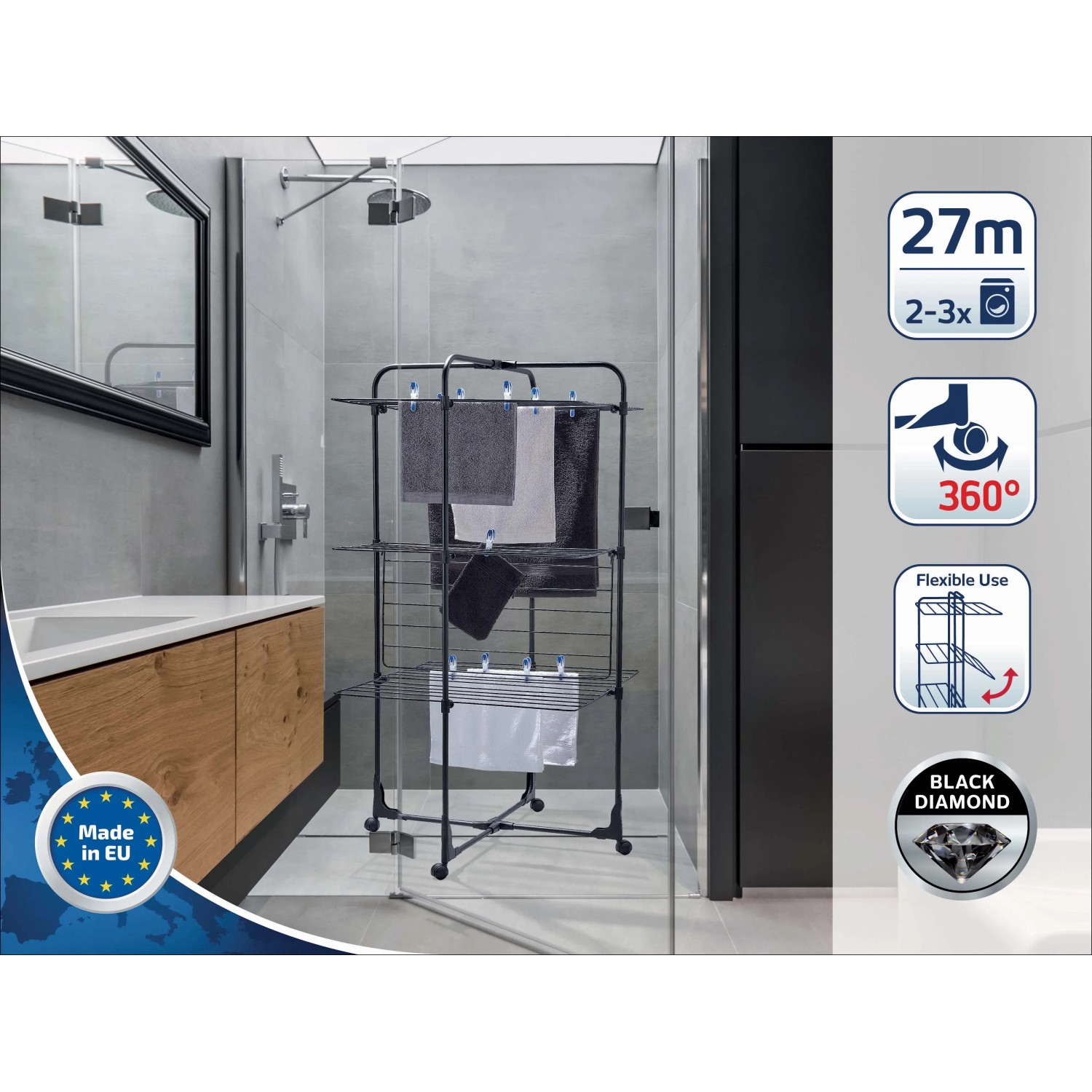 Supporto Magnetico Yamazaki Industries 4916 Per Stendibiancheria Da Bagno - Set Di 2, Nero, 6x3,5x23 Cm, Torre, Per Asciugatura Indoor