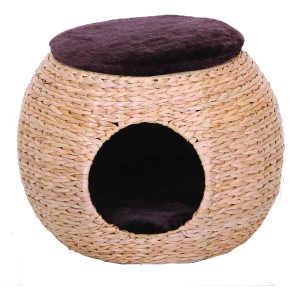 Tiragraffi rotondo in giacinto d'acqua con cuscino marrone per gatti.