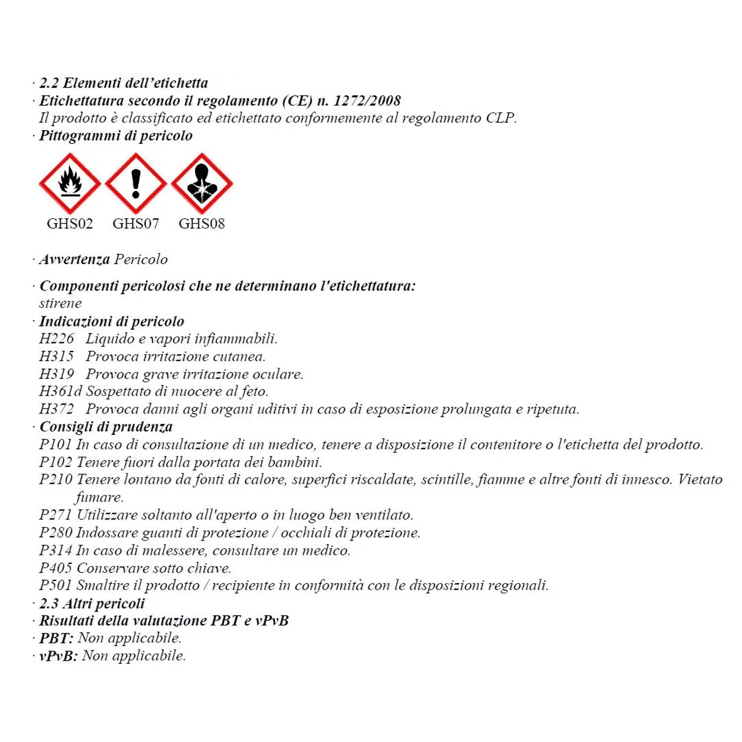 Informazioni di sicurezza: Simboli di pericolo e avvertenze sull'etichetta del prodotto.