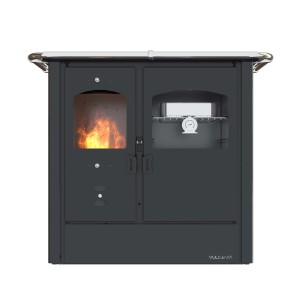 Stufa a legna t.b.t. con vetro e forno, design grigio.